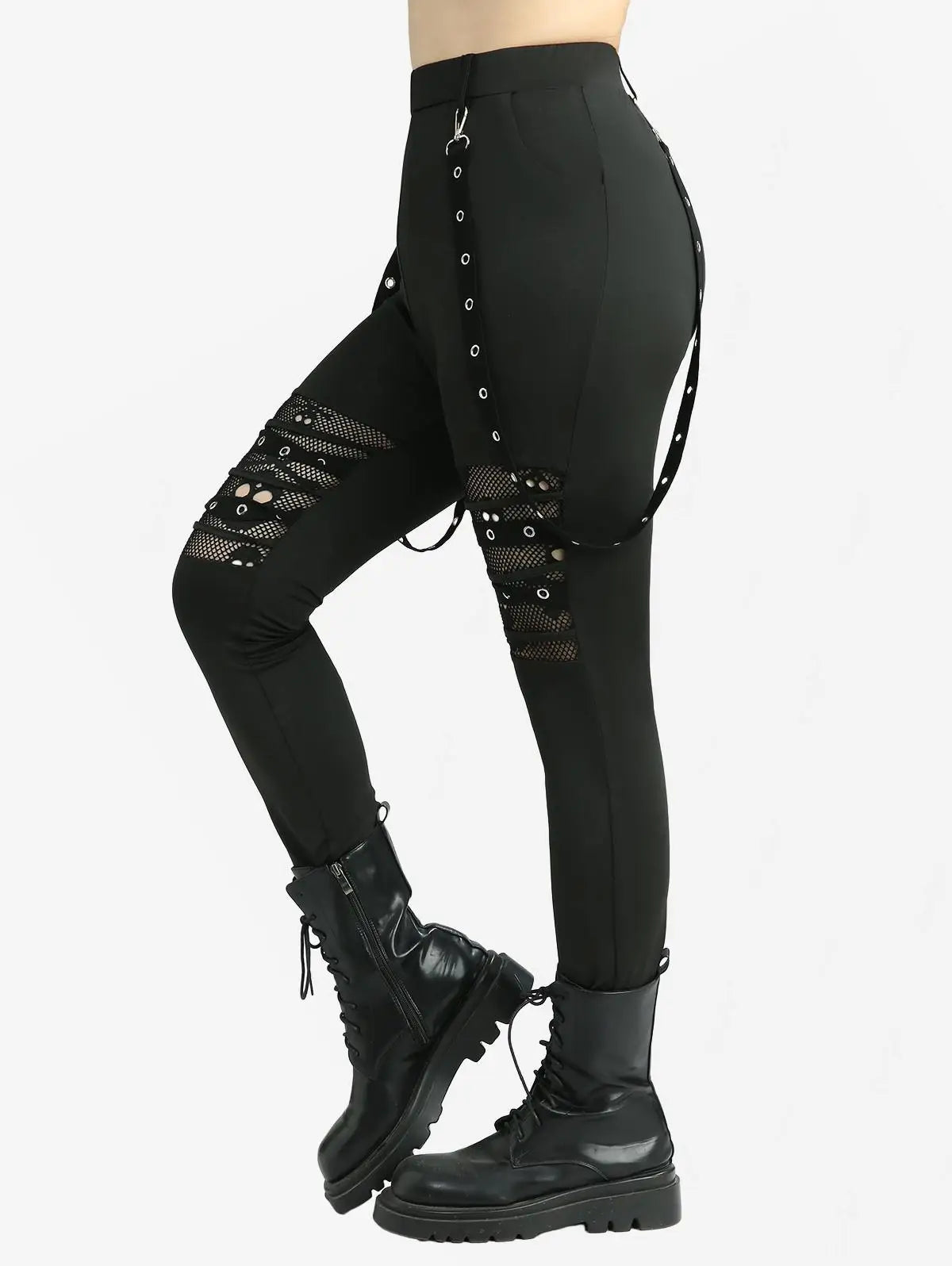 Plus Size Leggings Women Casual Black Trousers Skull Hollow Out Fish Net Patchwork Grommets Straps Pencil Pants Mujer