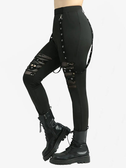 Plus Size Leggings Women Casual Black Trousers Skull Hollow Out Fish Net Patchwork Grommets Straps Pencil Pants Mujer