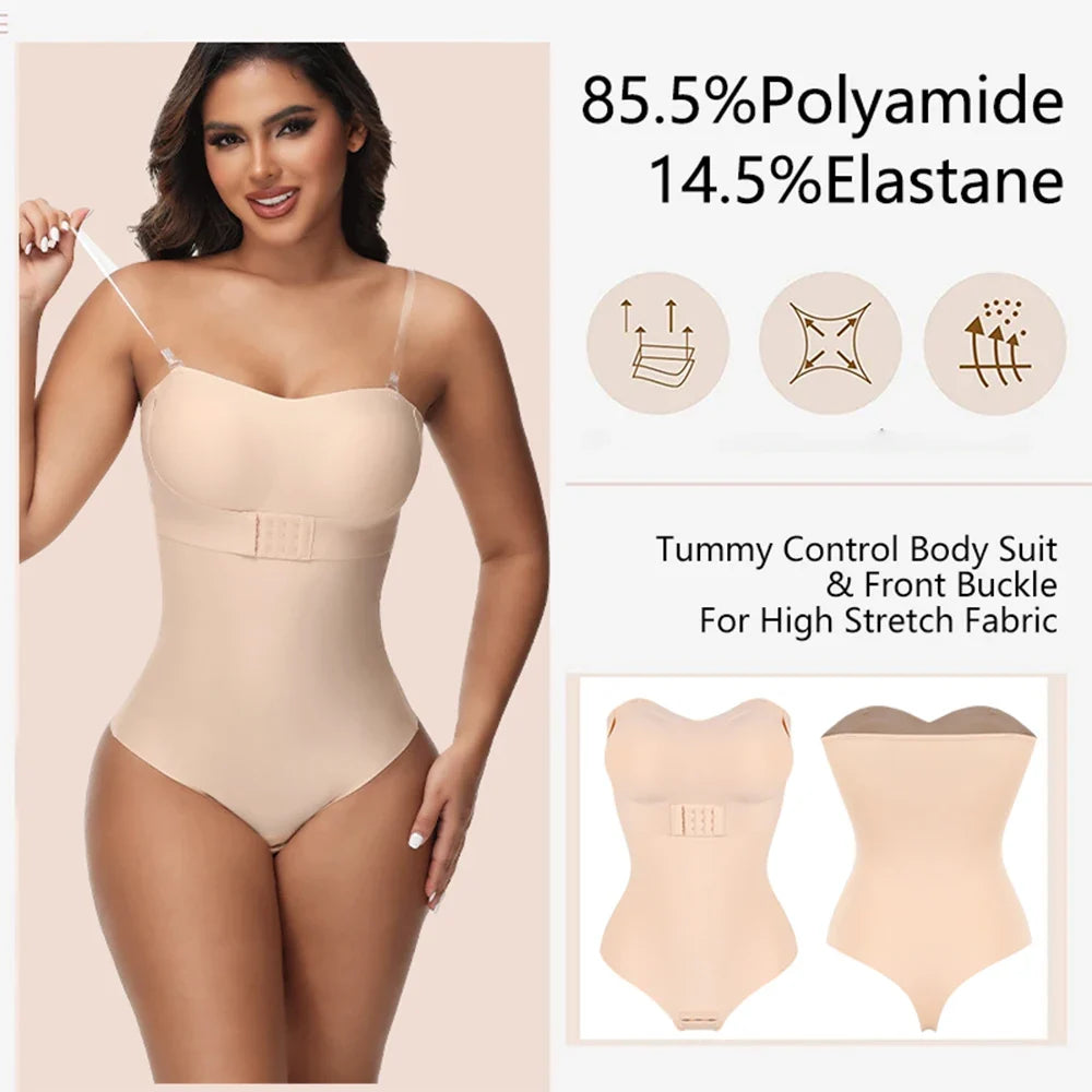 Strapless Bodysuit Off Shoulder Bustier Tube Top Women Front Closure Tummy Control Shapewear Removable Padded Underwear S-4XL