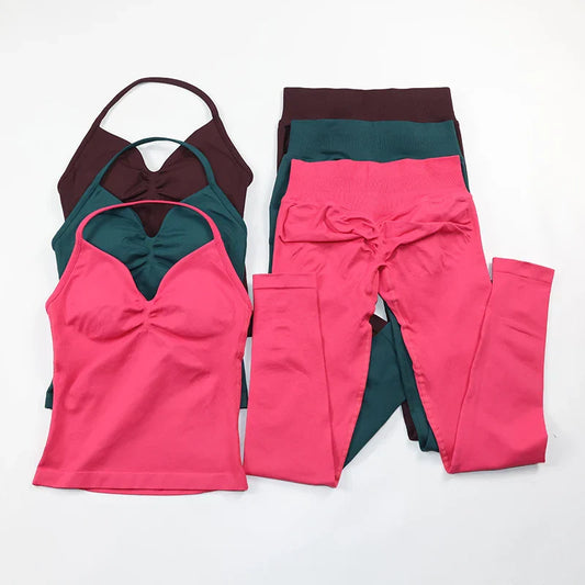 Fitness Leggings Set Women Seamless Yoga Set Fitness Clothing Scrunch Bum Gym Legging Padded Tank Top Workout Outfits Sportswear
