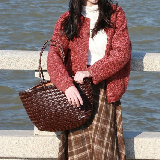 Women's Genuine Leather Handbag Vintage Big Tote Purse Casual Shoulder Bag Cowhide Weaving Shopping Crossbody Bag for Ladies
