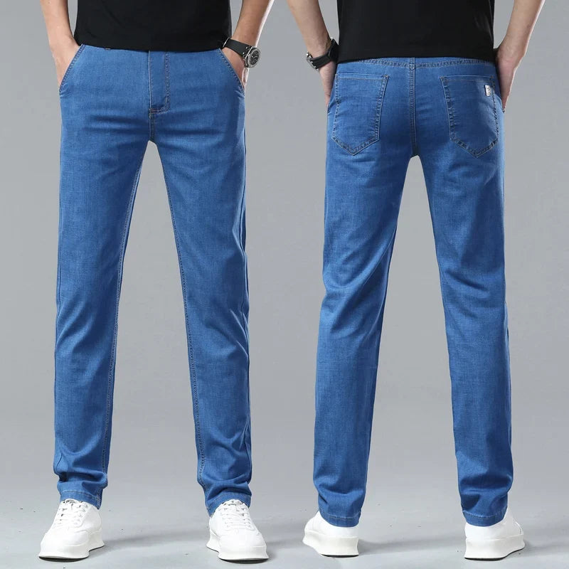 Light Blue Classic Business Casual Cotton Pants Fashion Breathable Denim Elastic Trousers Brand Men's Clothing Straight Jeans