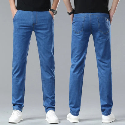Light Blue Classic Business Casual Cotton Pants Fashion Breathable Denim Elastic Trousers Brand Men's Clothing Straight Jeans