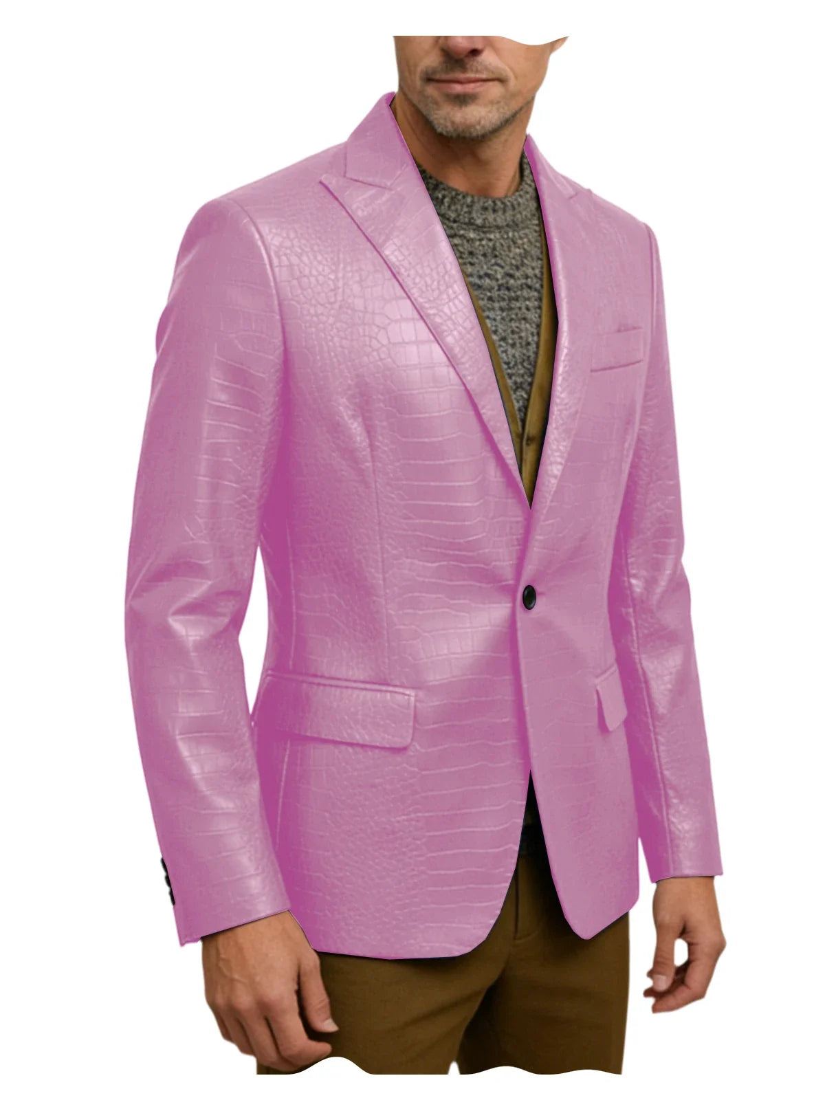 Vintage Men's Crocodile Embossed Leather Blazer Notch Lapel 1 Button Jacket Business Casual Formal Luxury Coat With Flap Pockets
