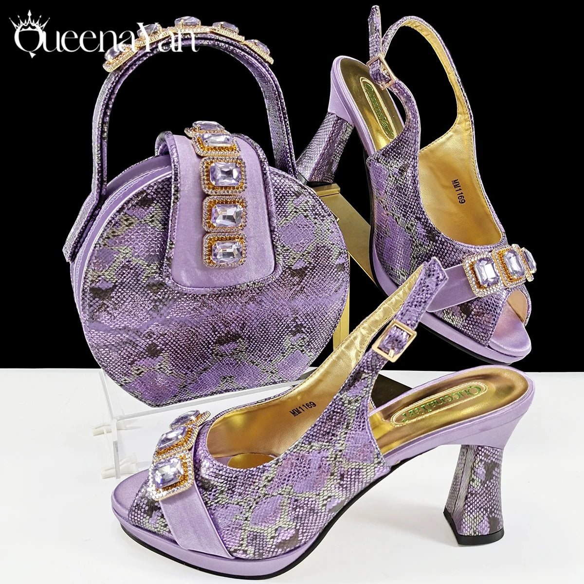 New Luxurious Italian Women's Party Shoes&Bag Set Elegant Golden Rhinestone  Sandals with Peep Toe High Heels Wedding