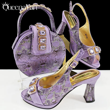 New Luxurious Italian Women's Party Shoes&Bag Set Elegant Golden Rhinestone  Sandals with Peep Toe High Heels Wedding