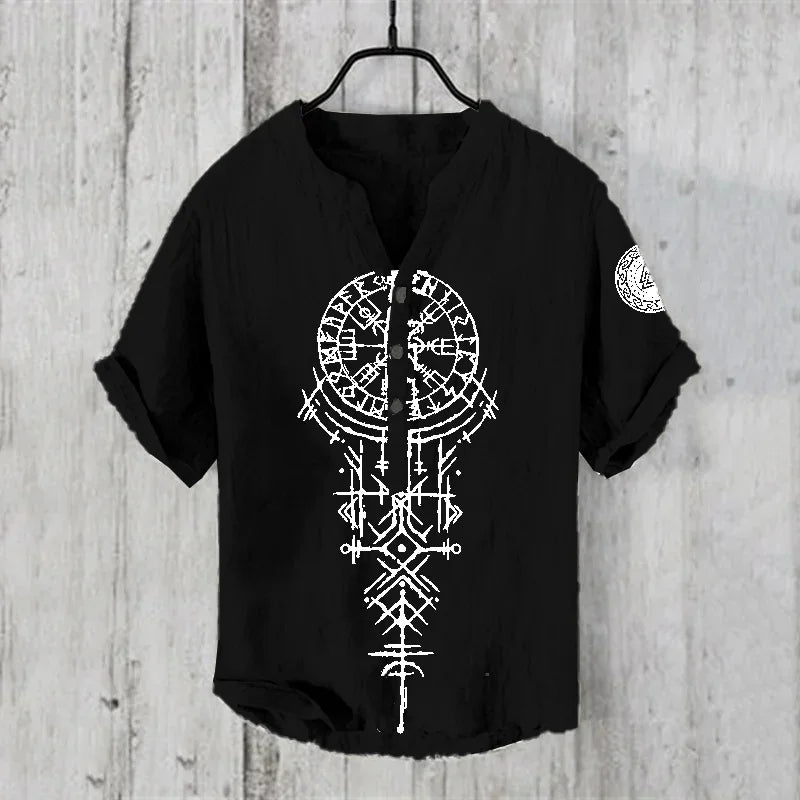 New Men's 3D Printed V Neck Short Sleeve Shirt Foreign Trade Casual Fashion Loose Linen Short Sleeve Shirt Top