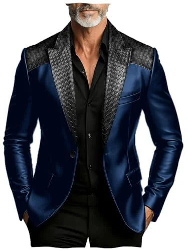 Men's Faux Suede Jacket with PU Leather Collar & Shoulder Two-Tone Blazer Contrast Trim Coat