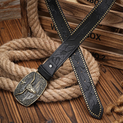 A Casual, Individual and Retro Belt, Western-Style Clothing Accessory, Metal Buckle, PU Belt, Suitable for Both Men and Women