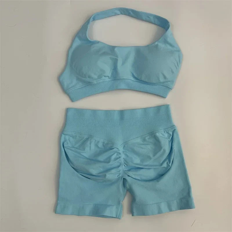 Yoga Shorts Set Seamless Yoga Set Workout Scrunch Shorts Sets Halter Sports Bra Scrunch Shorts Fitness Clothes Gym Suit
