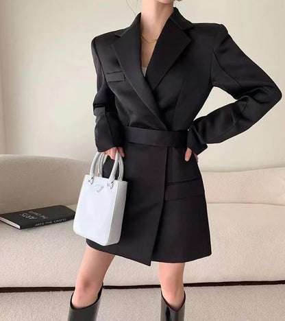 Autumn New High End Waist Slim Blazer Jacket Women Casual British Mid Length Black Suit Coat Woman Elegant Chic Office Blazers