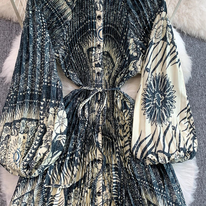 Ele Printed round Ne Lantern Sve Dr Women's Single Button Waist Cinch Maxi Skirt Long Dr Commute Sle Autumn