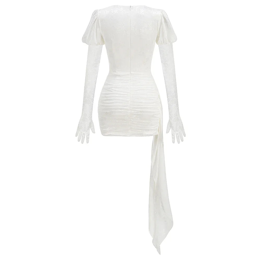 2024 New Fashion Red White Women Gloves Sexy Bodycon Mini Draped Dress Nightclub Party Bar Singer Birthday Celebrate Dress