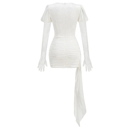 2024 New Fashion Red White Women Gloves Sexy Bodycon Mini Draped Dress Nightclub Party Bar Singer Birthday Celebrate Dress