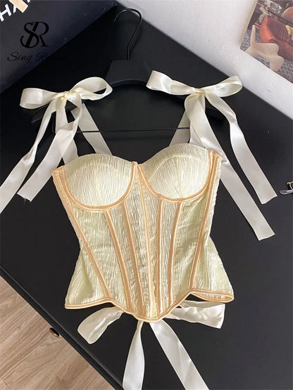 Luxury Party Corset Top Ladies French Style Lace Up Texture Senior Sexy Camisole Summer Retro Sensual Bodycon Tank Top