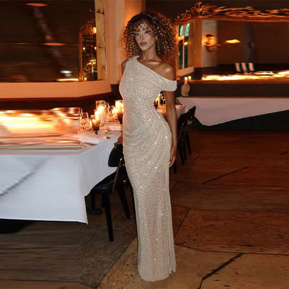 Women's Luxury Nude Sequin Mermaid Prom Dress Off-shoulder Ruched Sparkly Crystals Formal Party Gown Floor-length Evening Dress