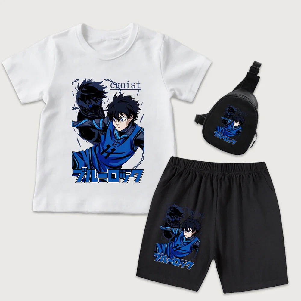 Blue Lock Yoichi Isagi Anime Print Kids Cotton T Shirt Shorts Mini Chest Bag 3Pcs Set Casual Summer Outfit for Boys Girls