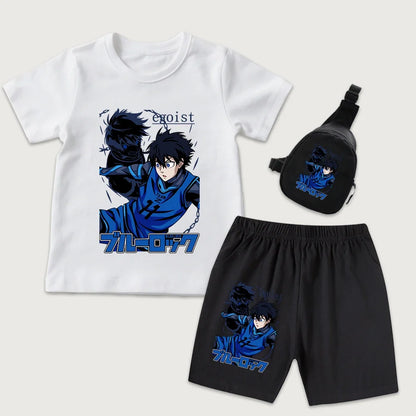Blue Lock Yoichi Isagi Anime Print Kids Cotton T Shirt Shorts Mini Chest Bag 3Pcs Set Casual Summer Outfit for Boys Girls