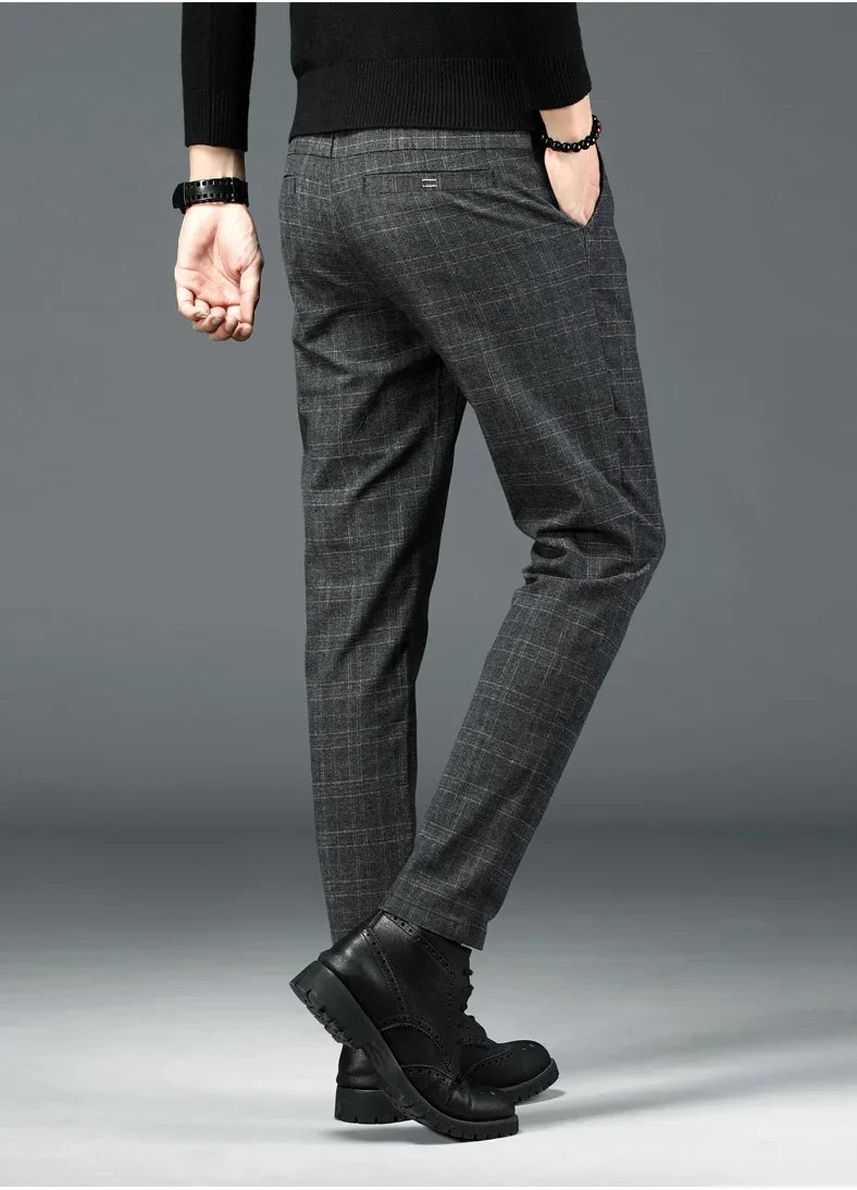 Autumn New Men's Plaid Striped Business Casual Pants Classic Fashionable Straight Elastic Casual Trousers Black Gray Male