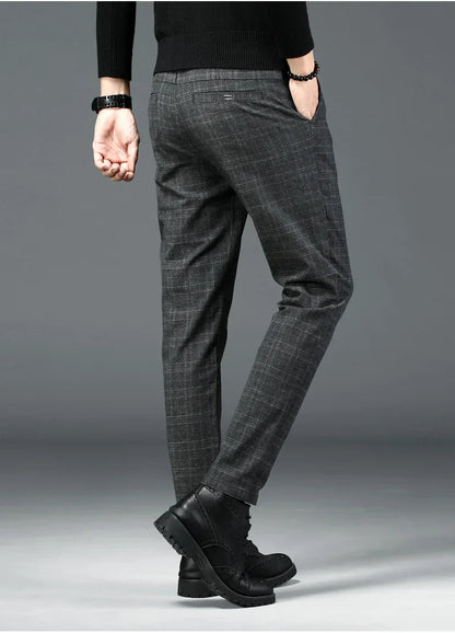 Autumn New Men's Plaid Striped Business Casual Pants Classic Fashionable Straight Elastic Casual Trousers Black Gray Male