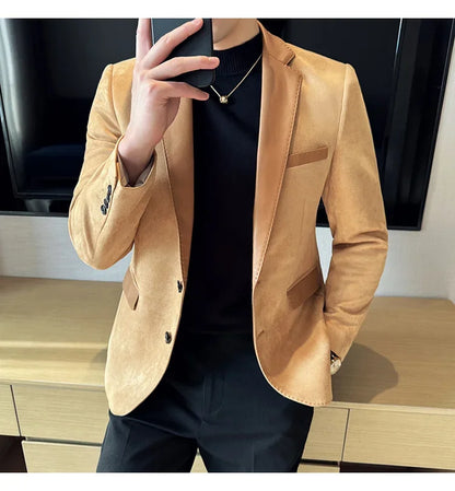 High Quality Deerskin Velvet Splicing Leather Collar Suit Blazers Men Casual Business Slim Coats Mens Social Wedding Clothing