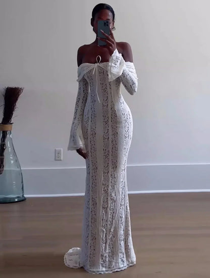Elegant Off The Shoulder Bodycon Dress 2024 New in White Flare Sleeve Lace Maxi Dress Wedding Guest Dress for Women
