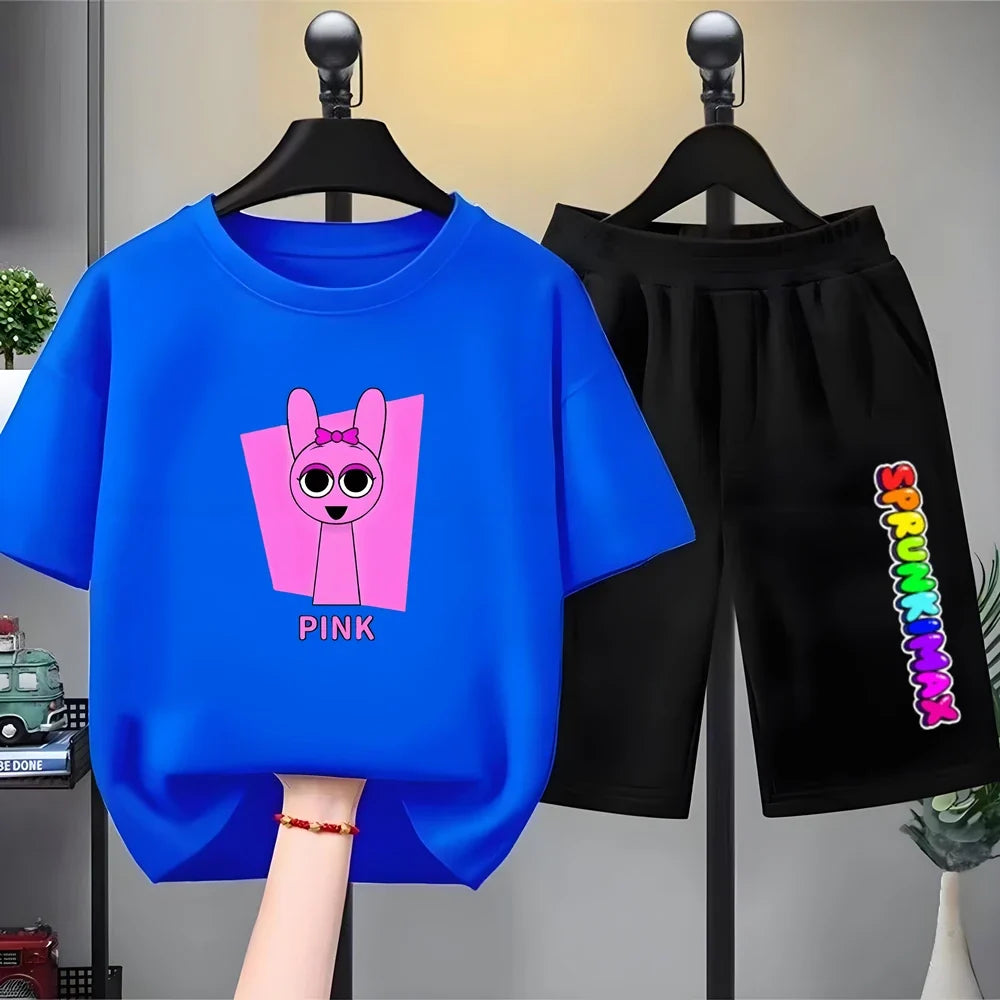 Summer Boys Girls Age 3-12 Tee+Shorts Suit Children Short Sleeve T-Shirts Child Casual Pink Black Clothes Sprunki Graphics