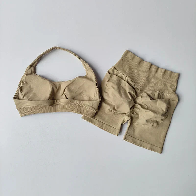 Sexy Halter Neck Beautiful Back High Waist Peach Sports Bras Shorts Suit Pilates Gathering Yoga Vest Training Fitness Bra Sets