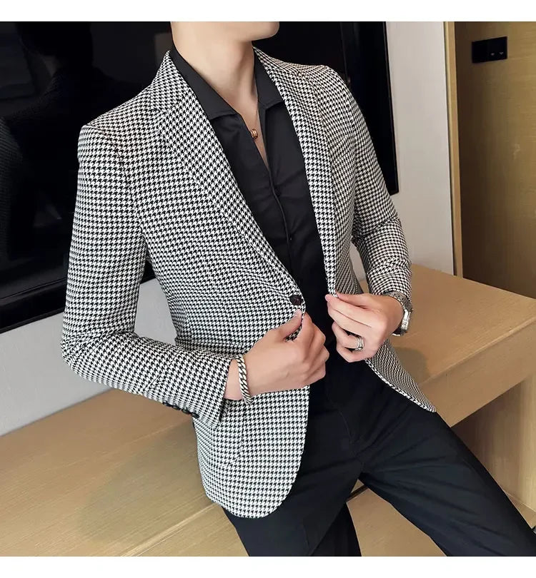 2025 Spring Men's Plaid Suit Jacket Korean Luxury Business Slim Fit Social Suit Jacket Formal Social Party Wedding Prom Tuxedo