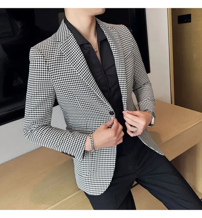2025 Spring Men's Plaid Suit Jacket Korean Luxury Business Slim Fit Social Suit Jacket Formal Social Party Wedding Prom Tuxedo