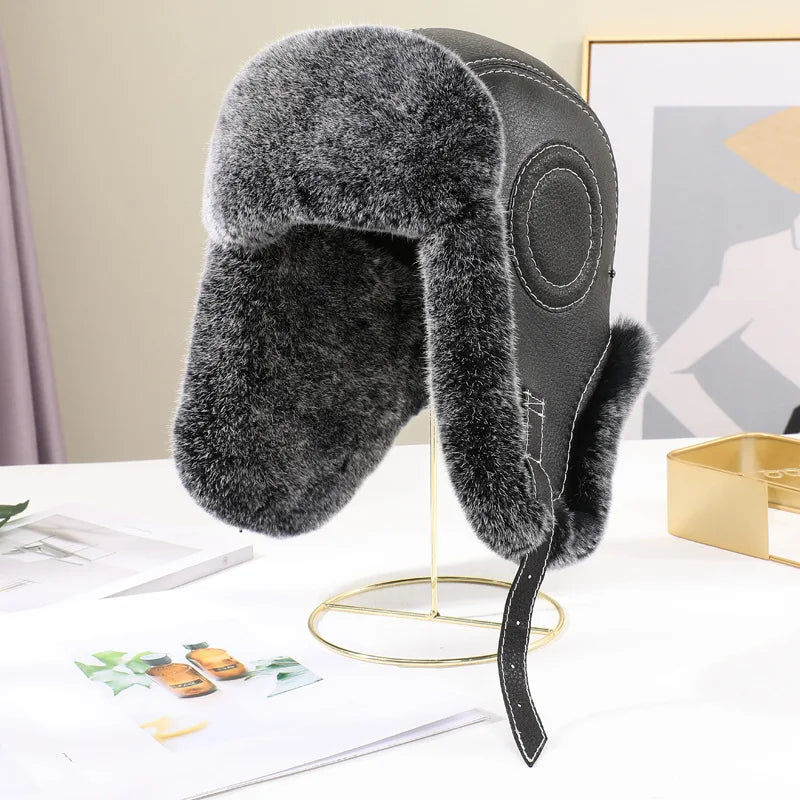 2026  Winter Men's 100% Real Rex Rabbit Fur Bomber Hat Ushanka Cap Trapper Russian Man Ski Hats Caps Real Sheepskin Leather