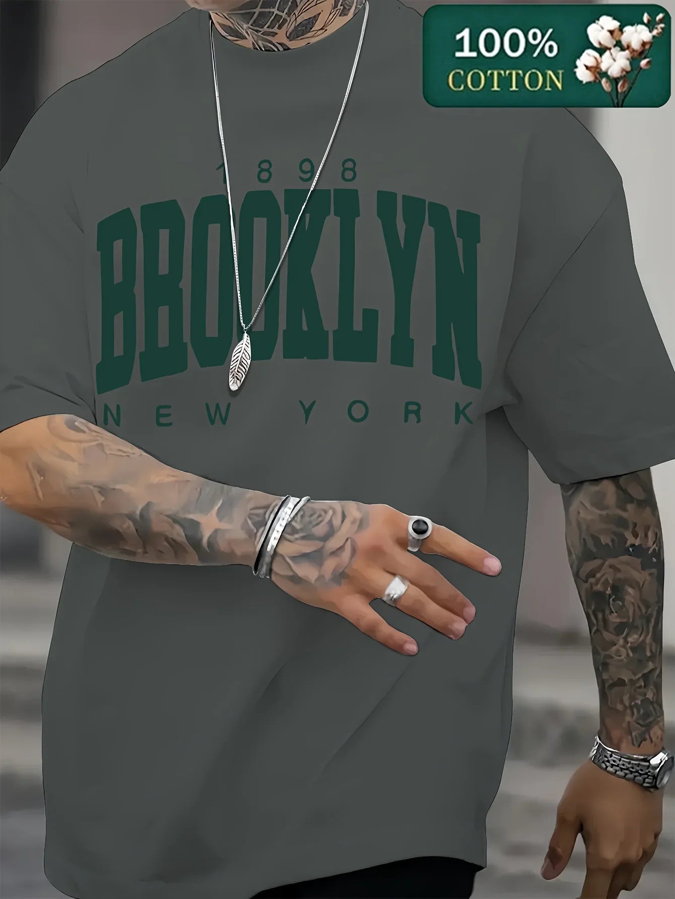 Men's Summer 100% Cotton Fashion 1898 Brooklyn New York Loose Casual Sports Round Neck Short Sleeve T-shirt Versatile Top