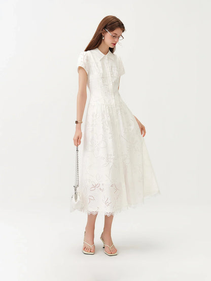 Women's Light French Style Cotton Lapel Hollow-out Print Waist-Fitted Short Sleeve Shirt Dress 2026 Summer New Arrival