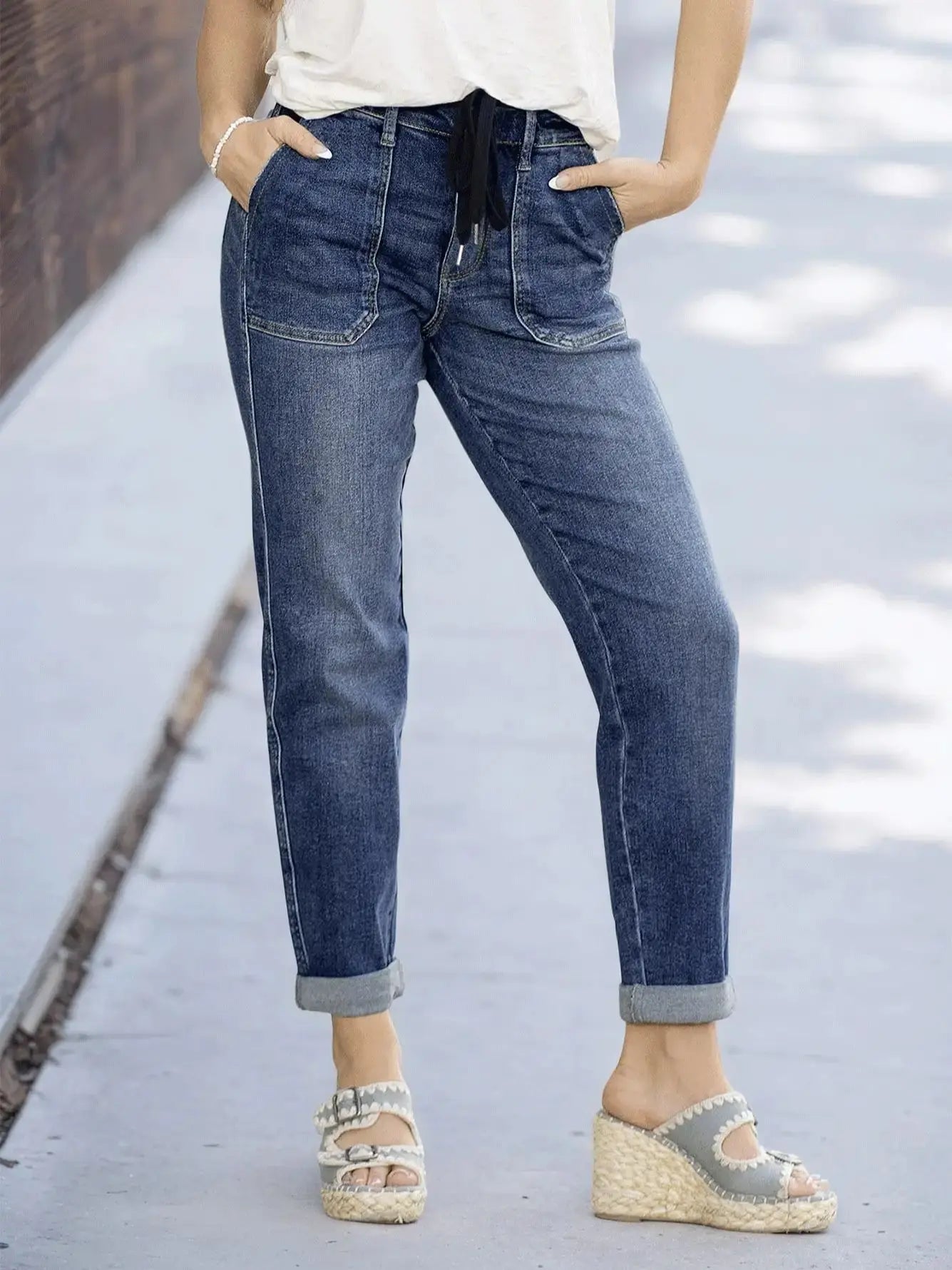 Women's Slim Fit Tie-Waist Washed Denim Jeans – Stylish and Comfortable Denim Pants for Effortless Everyday Wear