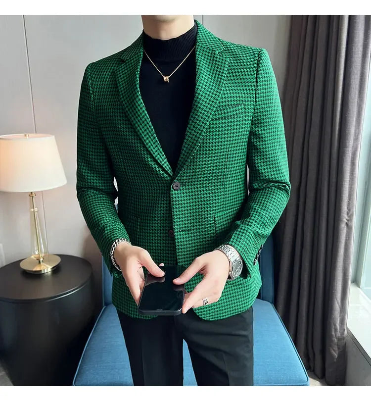 2025 Spring Men's Plaid Suit Jacket Korean Luxury Business Slim Fit Social Suit Jacket Formal Social Party Wedding Prom Tuxedo