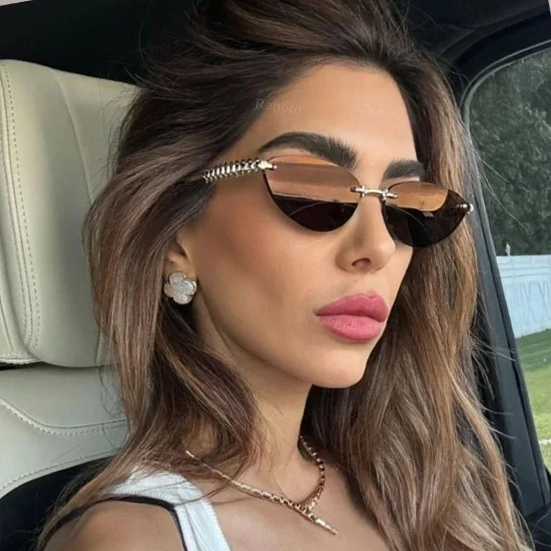 2026 Cat Eye Rivet Rimless Sunglasses Women Luxury Fashion Brand Oval Narrow Sun Glasses Shades Trendy Elegant Unique Eyewear