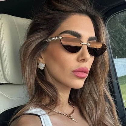 2026 Cat Eye Rivet Rimless Sunglasses Women Luxury Fashion Brand Oval Narrow Sun Glasses Shades Trendy Elegant Unique Eyewear