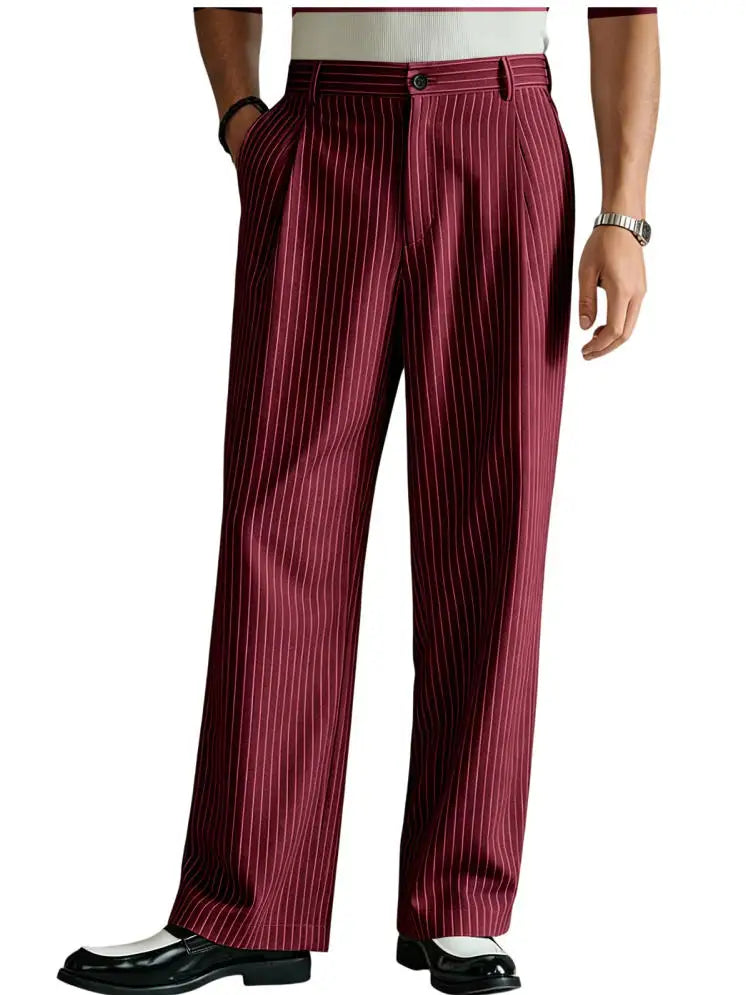 Vintage Men Pants Thin Slacks Business Striped Trousers High Waist Pleated Wide Leg Loose Straight Casual Office Wedding