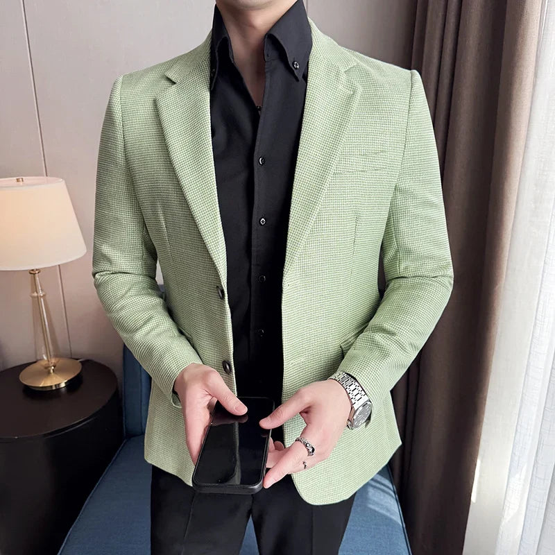 Bright Silk Thousand Bird Grid Suit Jacket Korean-style Business Fashion Slim Fit Single Breasted Men Social Party Dress Coats