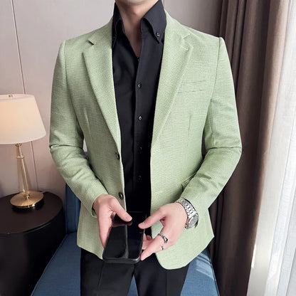 Bright Silk Thousand Bird Grid Suit Jacket Korean-style Business Fashion Slim Fit Single Breasted Men Social Party Dress Coats