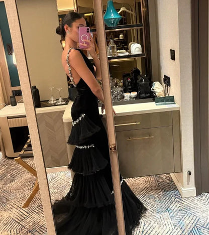 Customized High Quality Floor Length Sleeveless Tiered Backless Beaded Thin Suspeders Formal Dress Women Elegant Cocktail Dress