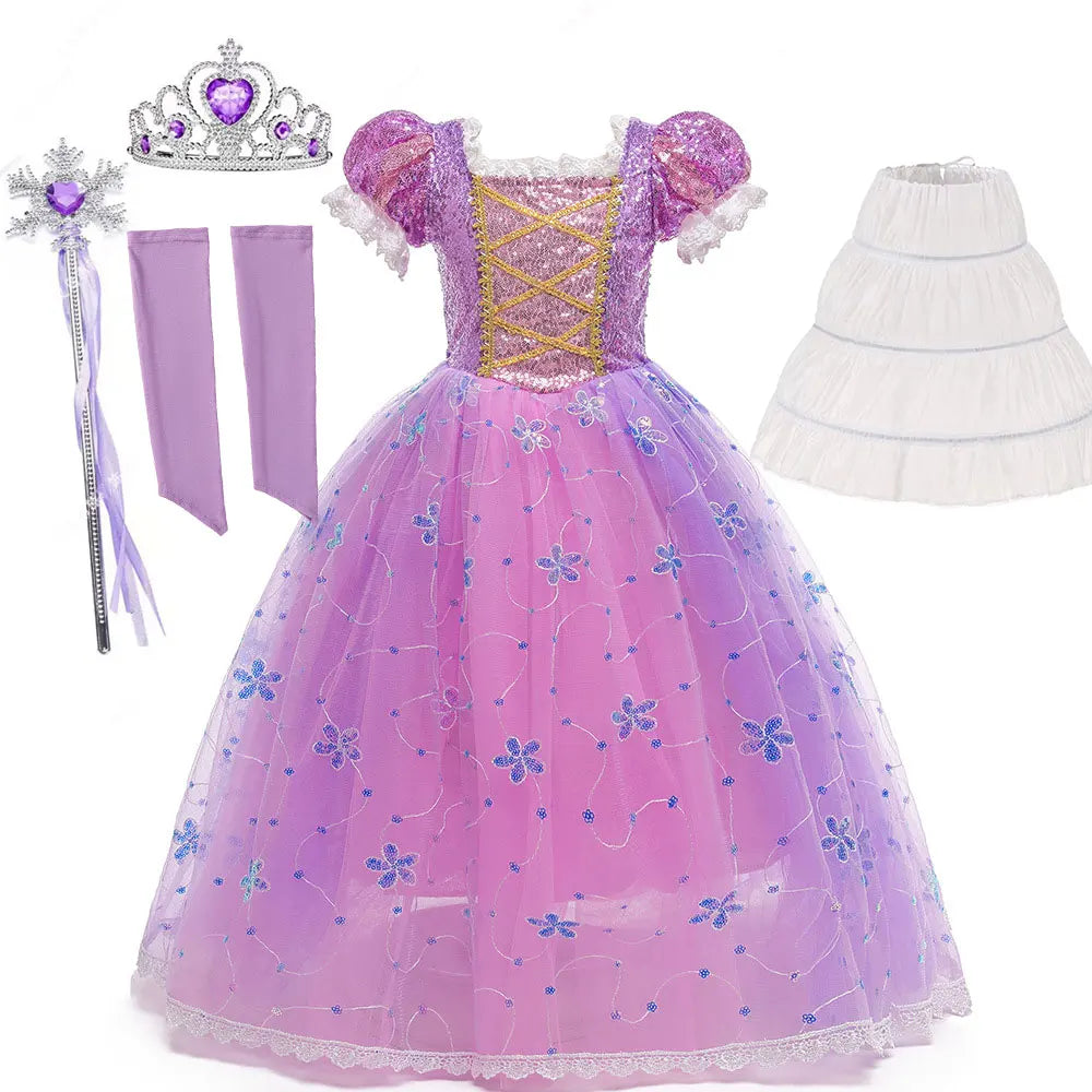Girls Birthday Party Deluxe Rapunzel Dress With Sequined Bodice Tangled Movie Cosplay Princess Costume Carnival Fairy Tale Gown