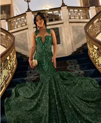 Elegant Gold Diamonds Long Prom Dress Luxury Beads Crystals Sequins Mermaid Birthday Wedding Party Gown Customized