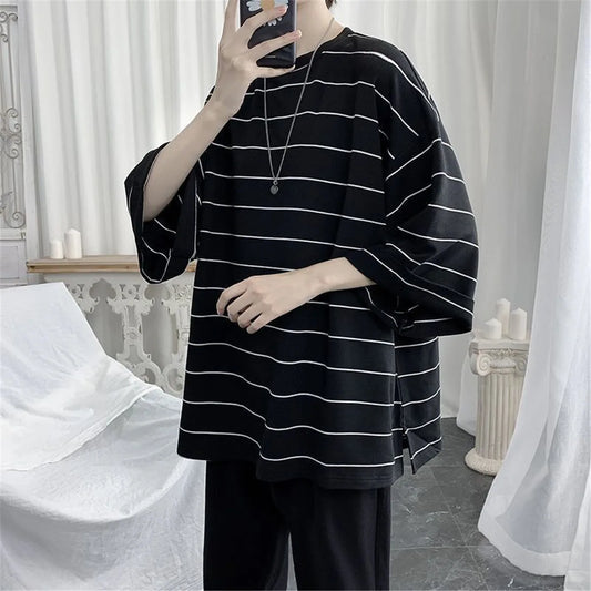 2026 Summer Oversized T-Shirt Men Funny Harajuku Tshirt Streetwear Femme Striped Japan Hip Hop Loose Half Sleeve T Shirts Male