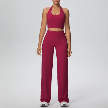 2PCS Woman Backless Hanging Neck Bra and Pants Yoga Set Summer Breathable Gym Sports Running Workout Top Hot Sales Yoga Set