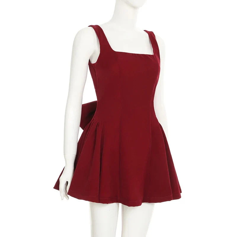 Fashion Red Bowknot Mini Dress Straps Square Collar Sleeveless Backless Vintage Cute Ladies Slim Party Short A-line Dresses