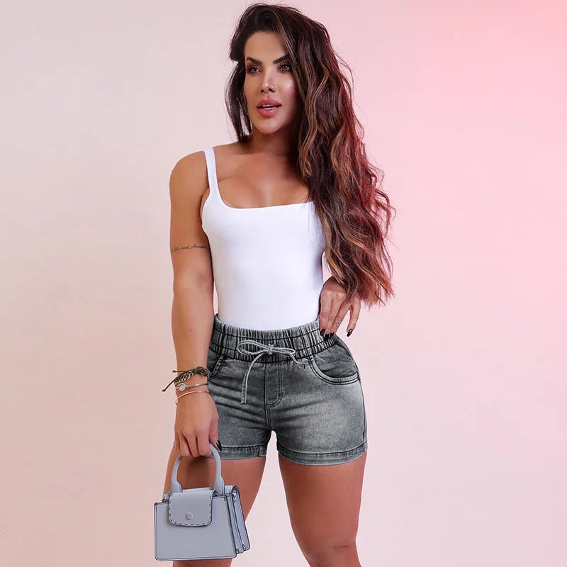 Luxury Fashion Slim Spring/summer New Slim Denim Shorts Women's High Waist Elastic Waist Lace-up Hot Pants