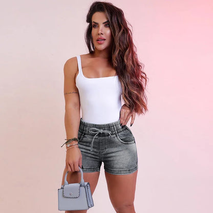 Luxury Fashion Slim Spring/summer New Slim Denim Shorts Women's High Waist Elastic Waist Lace-up Hot Pants