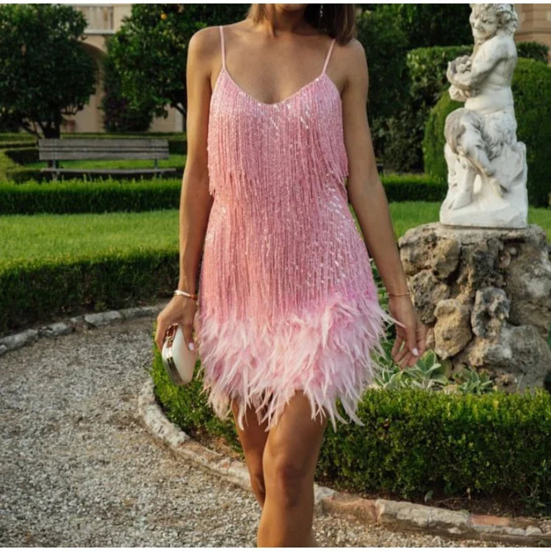 2025 New Sexy Tassel Sequins Feather Mini Dress Women Spaghetti Strap Stitching Dresses Female Elegant Evening Party Club Dress