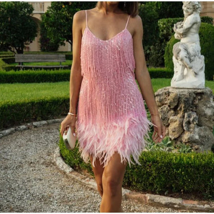 2025 New Sexy Tassel Sequins Feather Mini Dress Women Spaghetti Strap Stitching Dresses Female Elegant Evening Party Club Dress